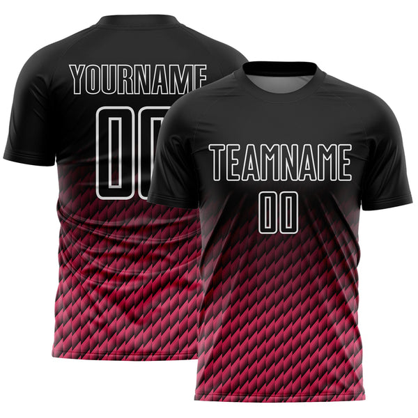 Custom Black Neon Pink-White Geometric Wave Gradient Sublimation Soccer Uniform Jersey