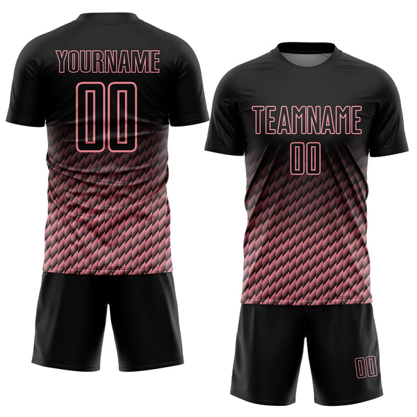 Custom Black-Medium Pink Geometric Wave Gradient Sublimation Soccer Uniform Jersey alternate