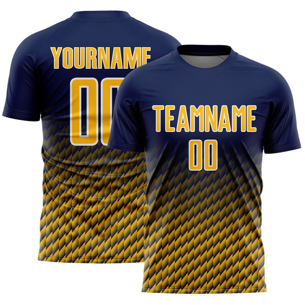 Custom Navy Gold-White Geometric Wave Gradient Sublimation Soccer Uniform Jersey