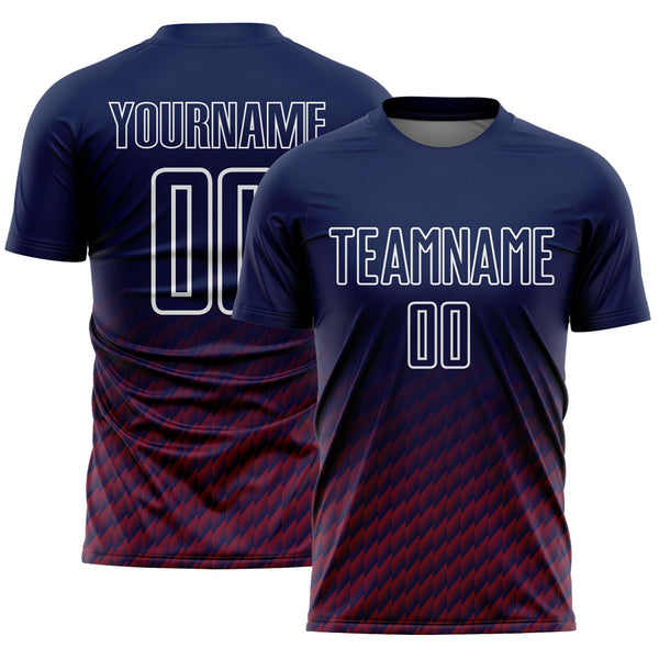 Custom Navy Crimson-White Geometric Wave Gradient Sublimation Soccer Uniform Jersey