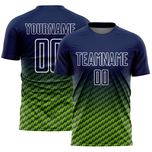 Custom Navy Neon Green-White Geometric Wave Gradient Sublimation Soccer Uniform Jersey