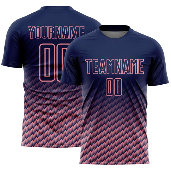 Custom Navy-Medium Pink Geometric Wave Gradient Sublimation Soccer Uniform Jersey