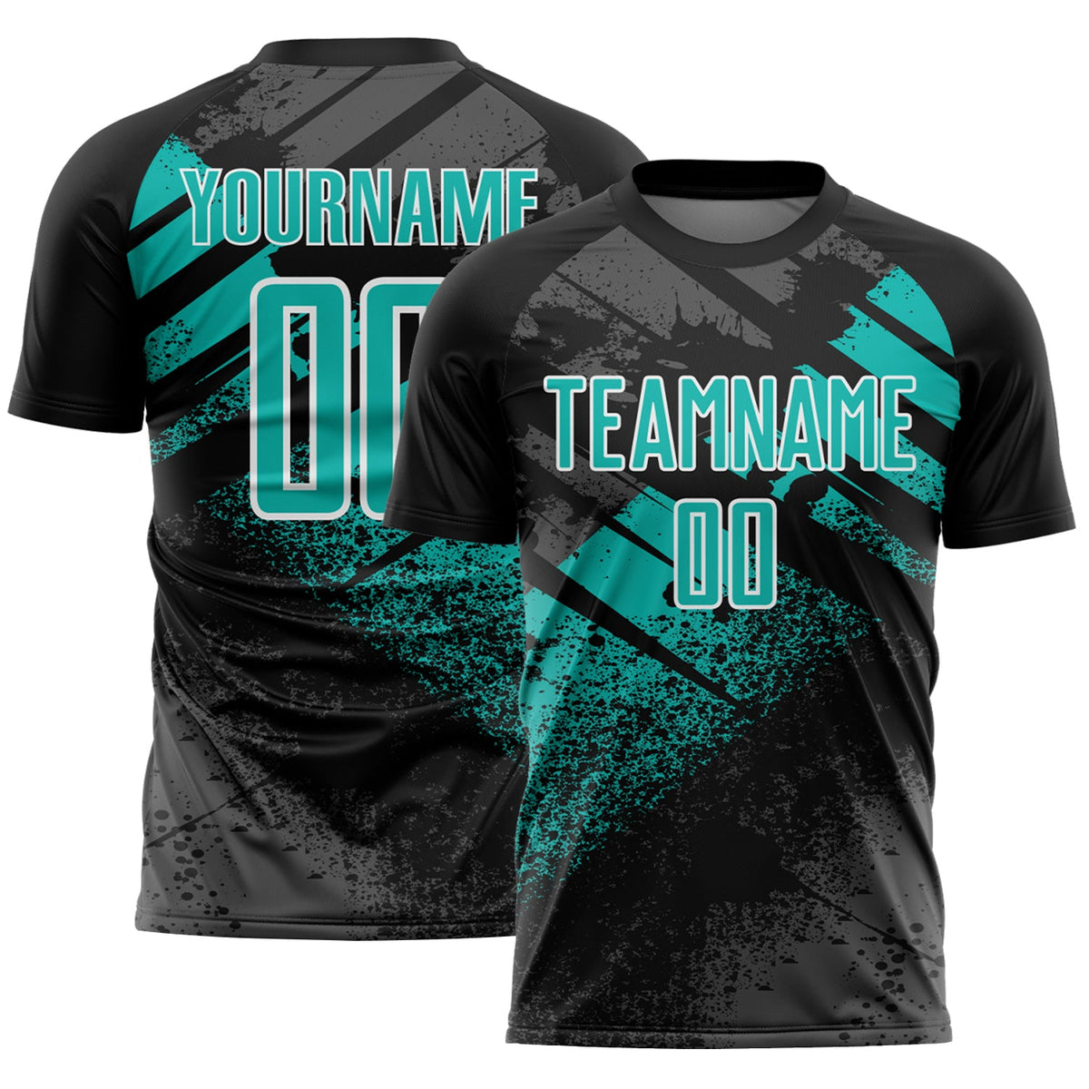 Custom Black Aqua-White Grunge Splatter Brush Stroke Sublimation Soccer Uniform Jersey