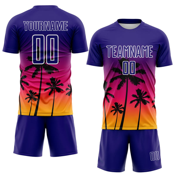 Custom Dark Purple Hot Pink Gold-White Tropical Hawaii Palm Trees Gradient Sublimation Soccer Uniform Jersey alternate