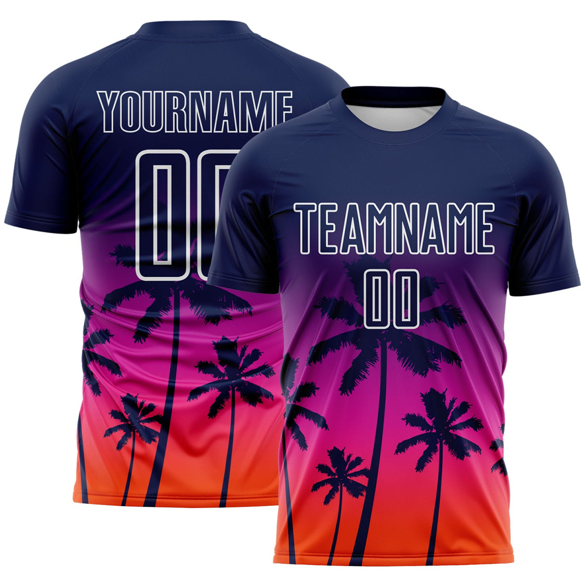 Custom Navy Deep Pink Orange-White Tropical Hawaii Palm Trees Gradient Sublimation Soccer Uniform Jersey