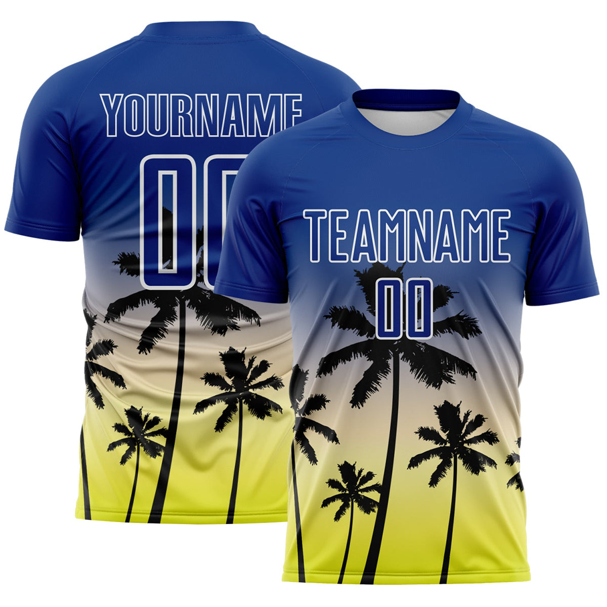 Custom Royal Cream Neon Yellow-White Tropical Hawaii Palm Trees Gradient Sublimation Soccer Uniform Jersey