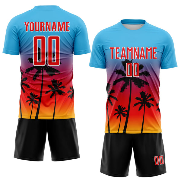 Custom Sky Blue Fire Red Gold White-Black Tropical Hawaii Palm Trees Gradient Sublimation Soccer Uniform Jersey alternate