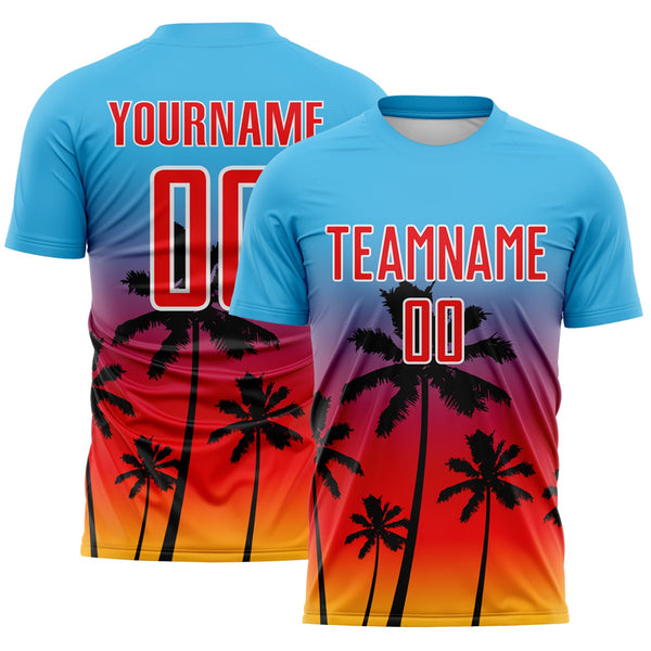 Custom Sky Blue Fire Red Gold White-Black Tropical Hawaii Palm Trees Gradient Sublimation Soccer Uniform Jersey