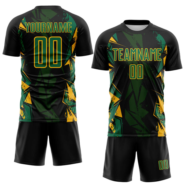 Custom Black Kelly Green-Gold Geometric Shard Grunge Splash Sublimation Soccer Uniform Jersey alternate