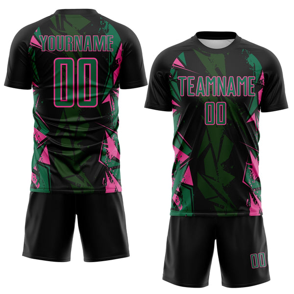 Custom Black Kelly Green-Pink Geometric Shard Grunge Splash Sublimation Soccer Uniform Jersey alternate