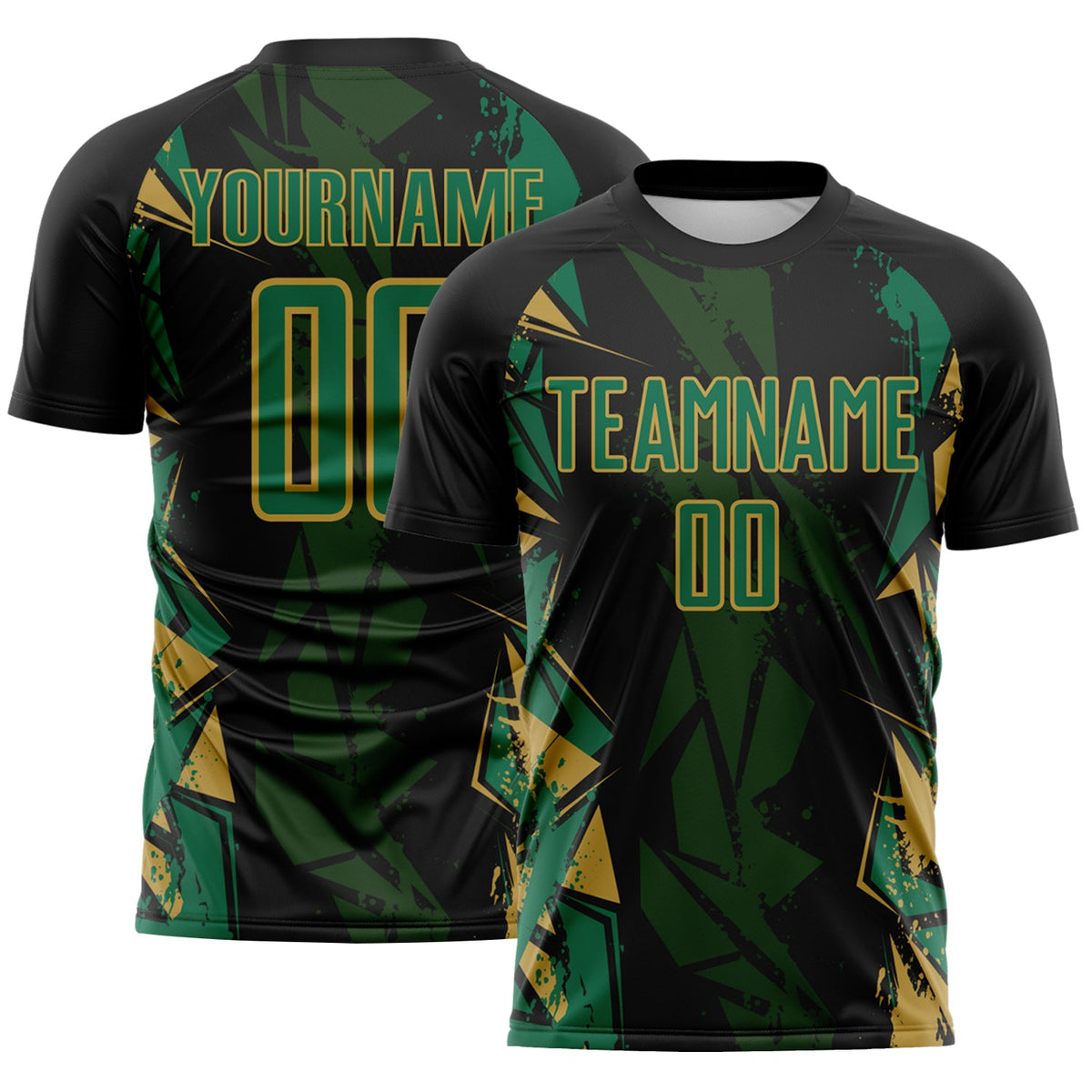 Custom Black Kelly Green-Old Gold Geometric Shard Grunge Splash Sublimation Soccer Uniform Jersey