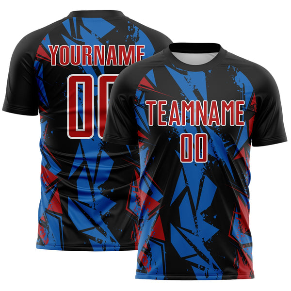 Custom Black Red Blue-White Geometric Shard Grunge Splash Sublimation Soccer Uniform Jersey