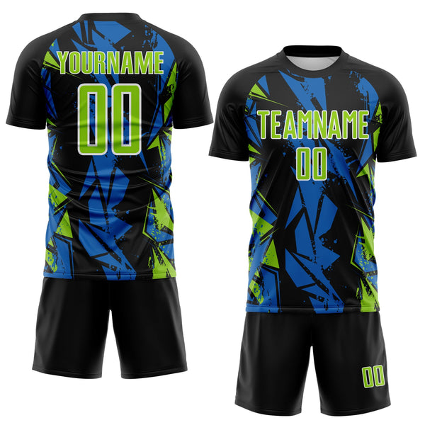 Custom Black Neon Green Blue-White Geometric Shard Grunge Splash Sublimation Soccer Uniform Jersey alternate