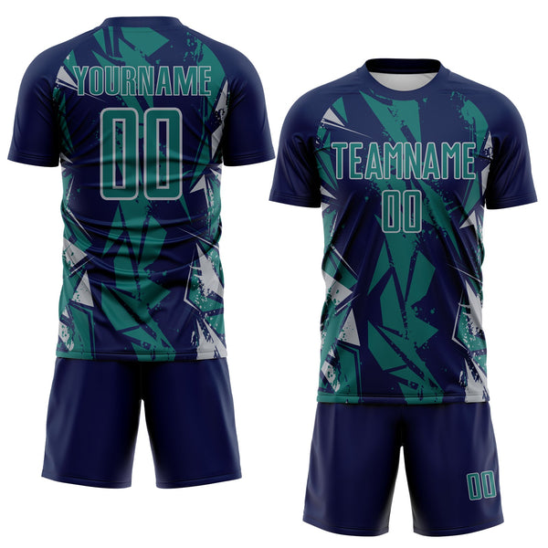 Custom Navy Teal-Gray Geometric Shard Grunge Splash Sublimation Soccer Uniform Jersey alternate