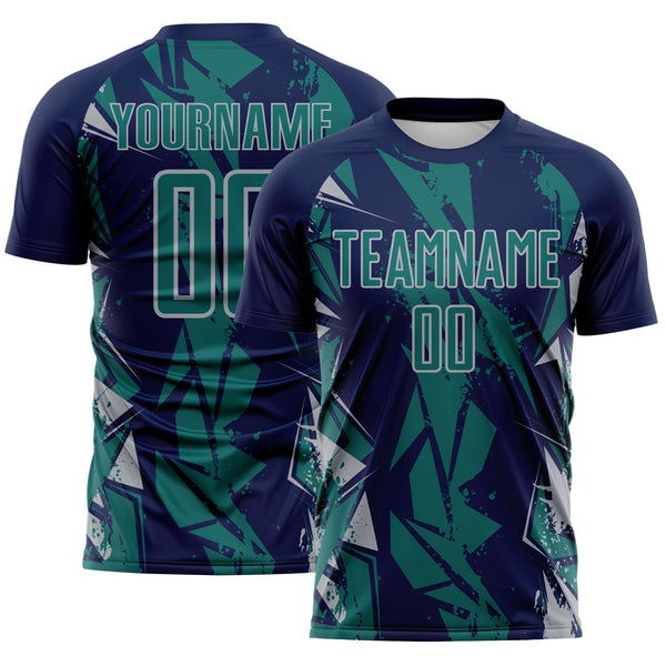 Custom Navy Teal-Gray Geometric Shard Grunge Splash Sublimation Soccer Uniform Jersey