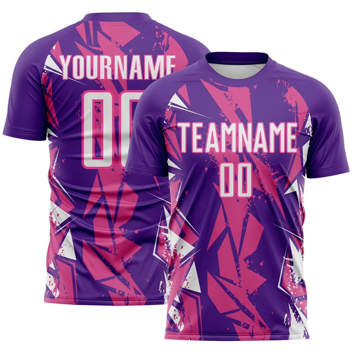 Custom Purple White-Pink Geometric Shard Grunge Splash Sublimation Soccer Uniform Jersey