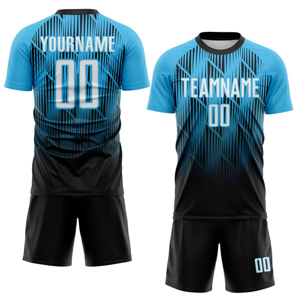 Custom Black White-Sky Blue Spiked Sharp Lines Gradient Sublimation Soccer Uniform Jersey alternate