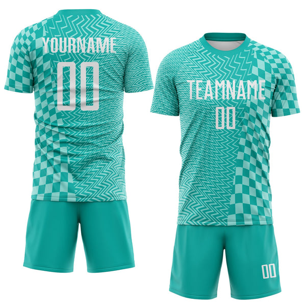 Custom Aqua White-Ice Blue Geometric Patchwork Asymmetry Checkered Zigzag Lines Sublimation Soccer Uniform Jersey alternate