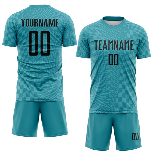 Custom Teal-Black Geometric Patchwork Asymmetry Checkered Zigzag Lines Sublimation Soccer Uniform Jersey alternate