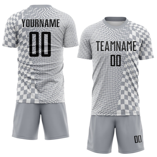 Custom Gray Black-White Geometric Patchwork Asymmetry Checkered Zigzag Lines Sublimation Soccer Uniform Jersey alternate