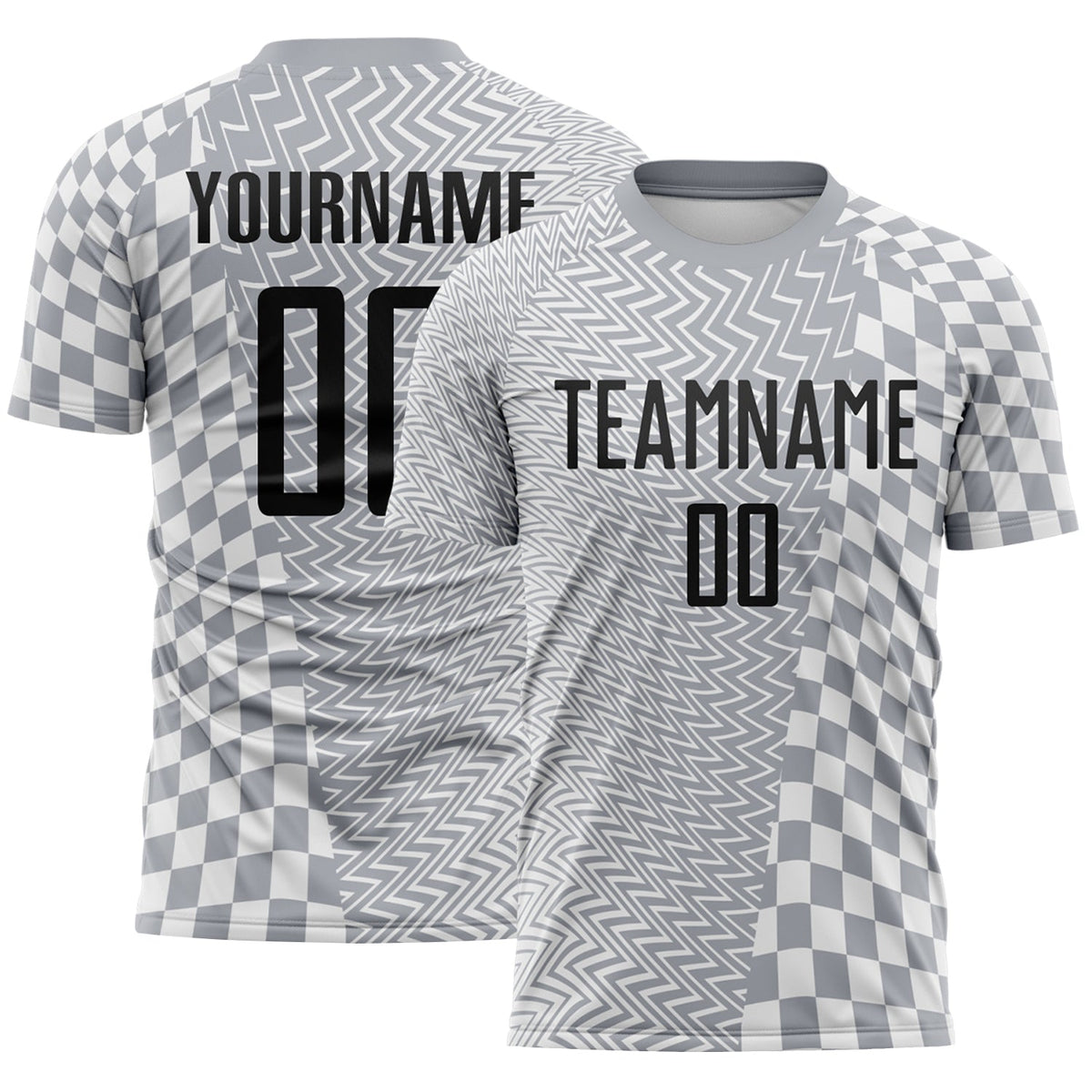 Custom Gray Black-White Geometric Patchwork Asymmetry Checkered Zigzag Lines Sublimation Soccer Uniform Jersey