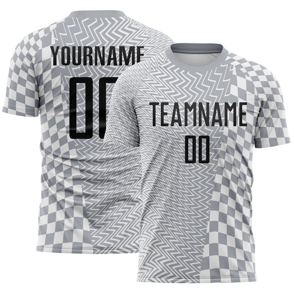 Custom Gray Black-White Geometric Patchwork Asymmetry Checkered Zigzag Lines Sublimation Soccer Uniform Jersey