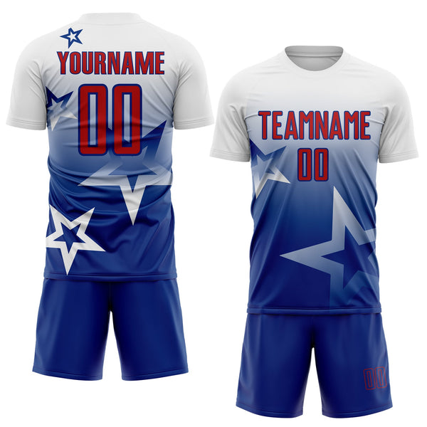 Custom White Red-Royal Gradient Style Twinkle Star Sublimation Soccer Uniform Jersey alternate