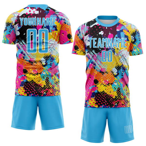 Custom Graffiti Pattern Sky Blue-White Paint Splatter Sublimation Soccer Uniform Jersey alternate
