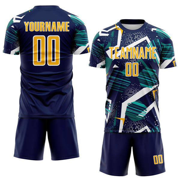 Custom Navy Gold Teal-White Geometric Asymmetry Shatter Sublimation Soccer Uniform Jersey alternate