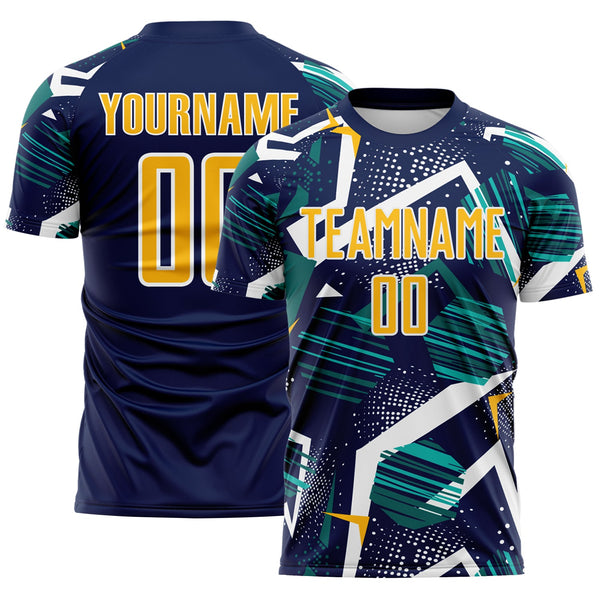 Custom Navy Gold Teal-White Geometric Asymmetry Shatter Sublimation Soccer Uniform Jersey