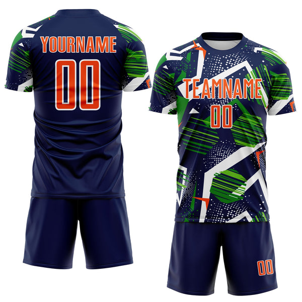 Custom Navy Orange Green-White Geometric Asymmetry Shatter Sublimation Soccer Uniform Jersey alternate