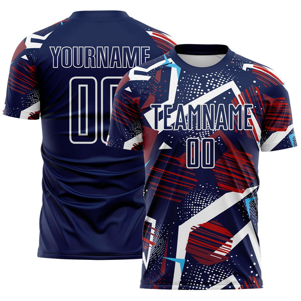 Custom Navy Red Blue-White Geometric Asymmetry Shatter Sublimation Soccer Uniform Jersey