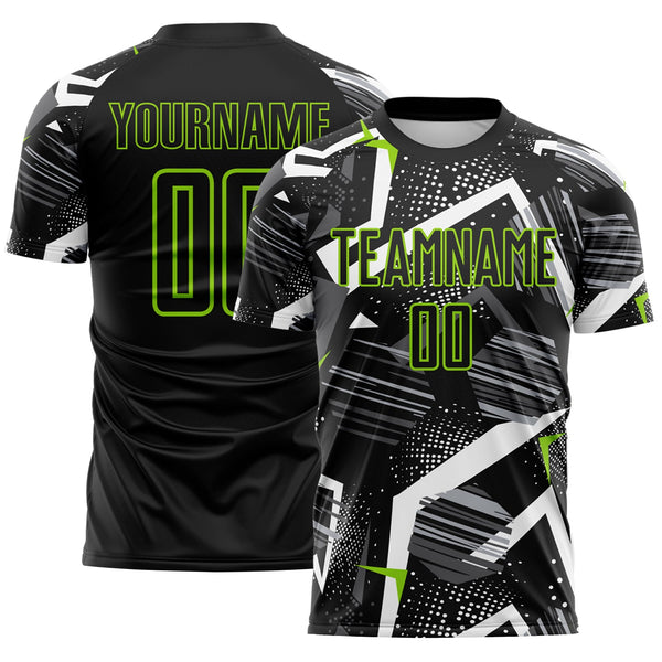 Custom Black Gray-Neon Green Geometric Asymmetry Shatter Sublimation Soccer Uniform Jersey