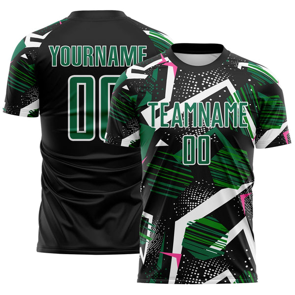 Custom Black Kelly Green Pink-White Geometric Asymmetry Shatter Sublimation Soccer Uniform Jersey