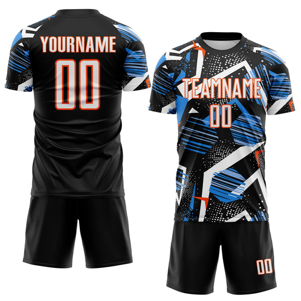 Custom Black White Blue-Orange Geometric Asymmetry Shatter Sublimation Soccer Uniform Jersey alternate