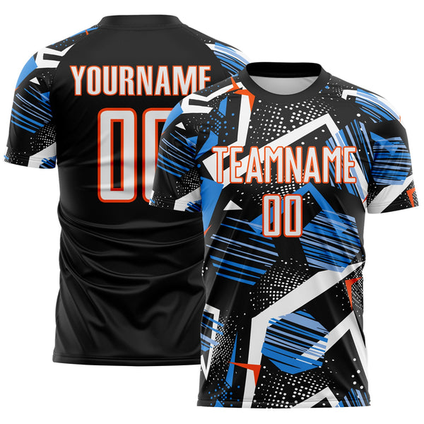 Custom Black White Blue-Orange Geometric Asymmetry Shatter Sublimation Soccer Uniform Jersey