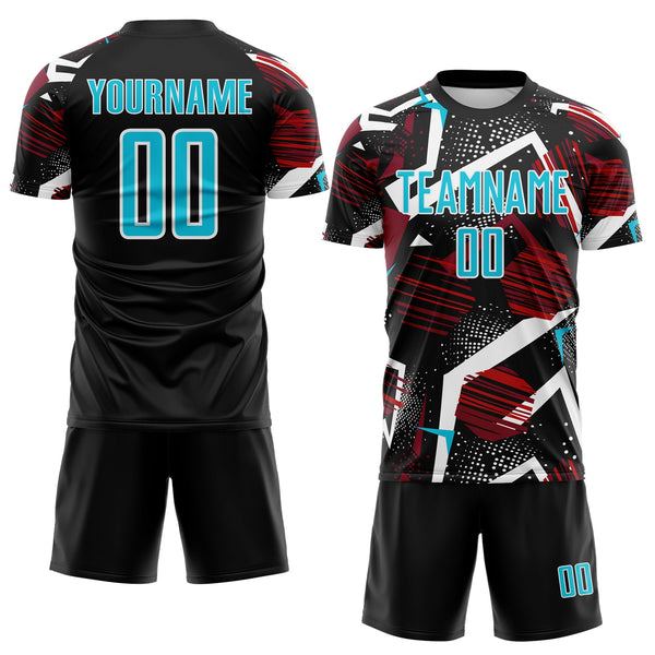 Custom Black Lakes Blue Red-White Geometric Asymmetry Shatter Sublimation Soccer Uniform Jersey alternate