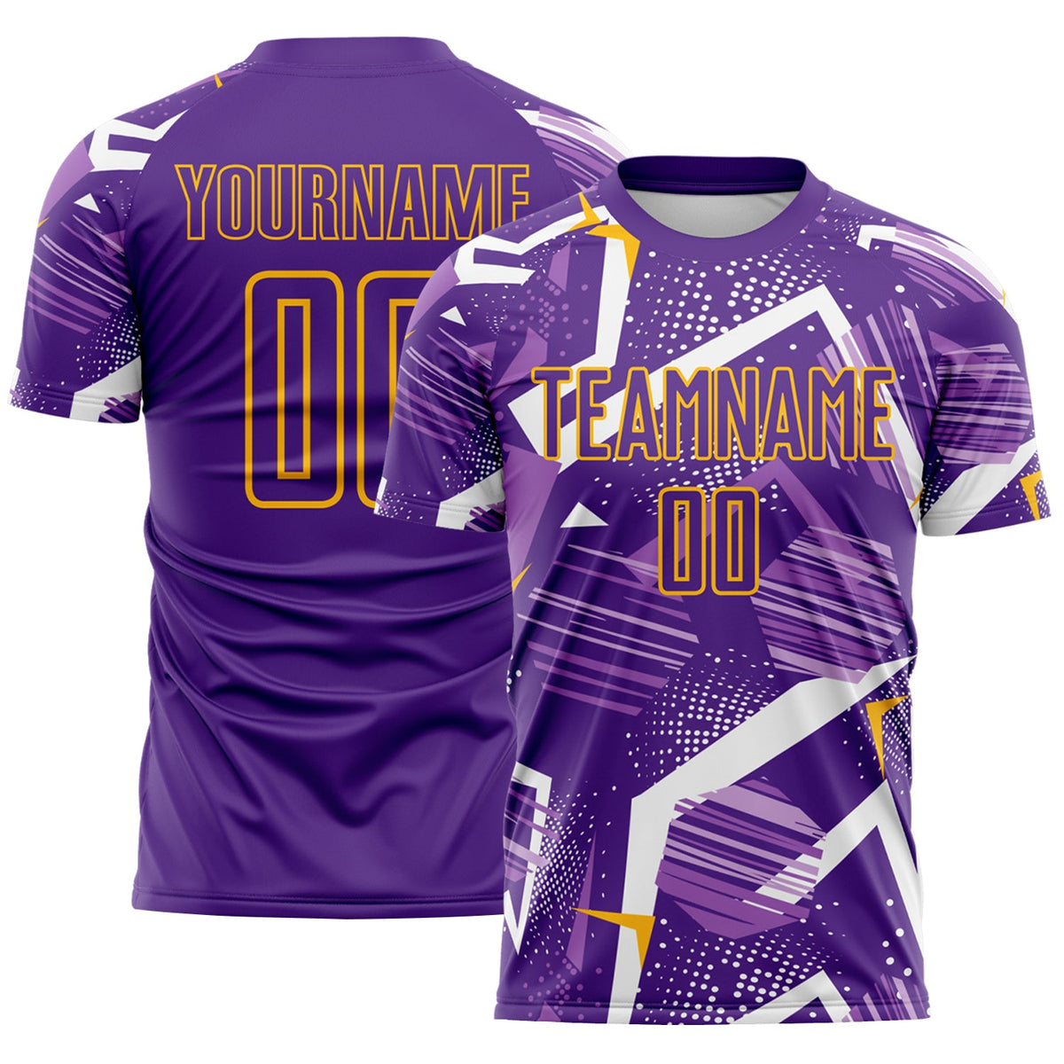 Custom Purple White-Gold Geometric Asymmetry Shatter Sublimation Soccer Uniform Jersey