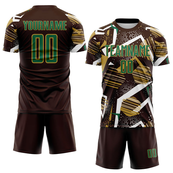 Custom Brown Kelly Green White-Old Gold Geometric Asymmetry Shatter Sublimation Soccer Uniform Jersey alternate