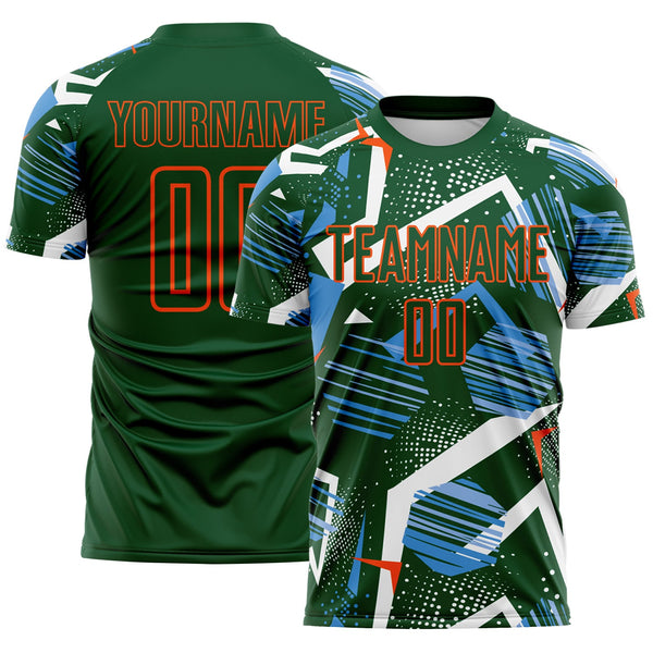 Custom Green Blue White-Orange Geometric Asymmetry Shatter Sublimation Soccer Uniform Jersey