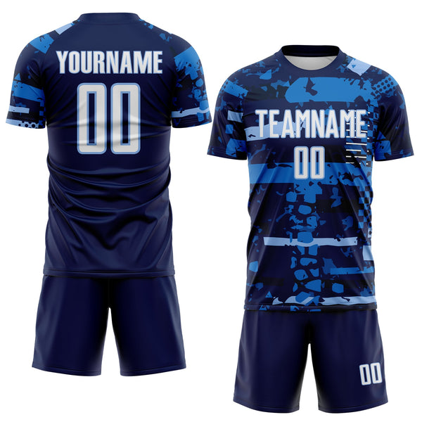 Custom Navy White Light Blue-Blue Abstract Geometric Stripe Fragment Sublimation Soccer Uniform Jersey alternate