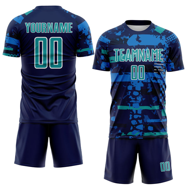 Custom Navy Teal Blue-White Abstract Geometric Stripe Fragment Sublimation Soccer Uniform Jersey alternate
