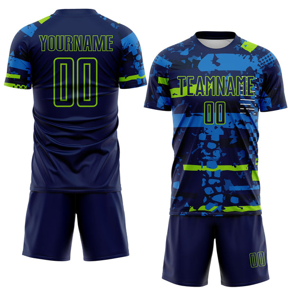 Custom Navy Neon Green-Blue Abstract Geometric Stripe Fragment Sublimation Soccer Uniform Jersey alternate