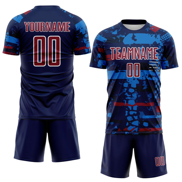 Custom Navy Crimson Blue-White Abstract Geometric Stripe Fragment Sublimation Soccer Uniform Jersey alternate