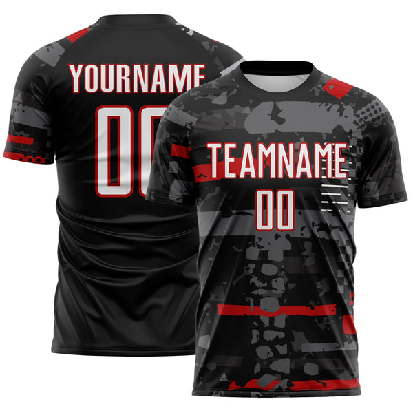 Custom Black White Red-Gray Abstract Geometric Stripe Fragment Sublimation Soccer Uniform Jersey