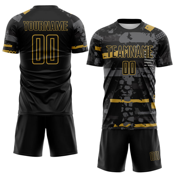 Custom Black Old Gold-Gray Abstract Geometric Stripe Fragment Sublimation Soccer Uniform Jersey alternate