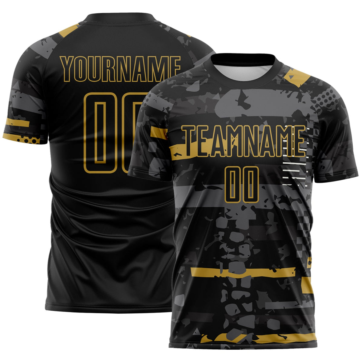 Custom Black Old Gold-Gray Abstract Geometric Stripe Fragment Sublimation Soccer Uniform Jersey