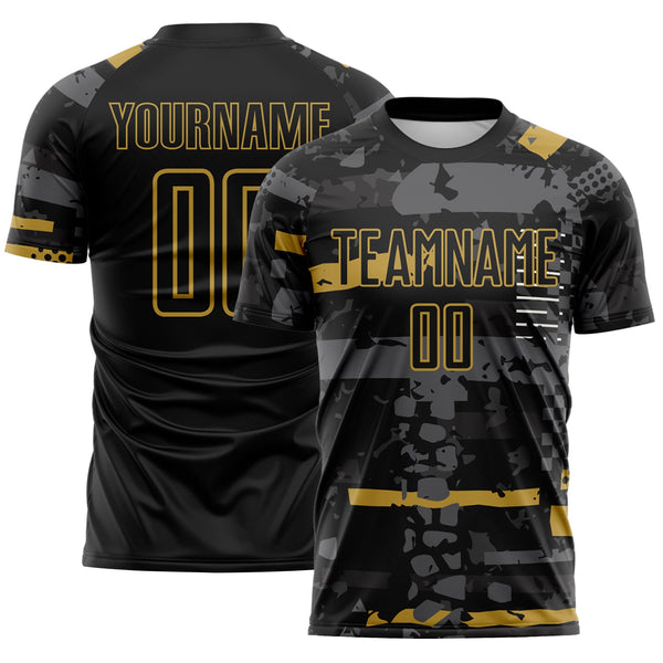 Custom Black Old Gold-Gray Abstract Geometric Stripe Fragment Sublimation Soccer Uniform Jersey
