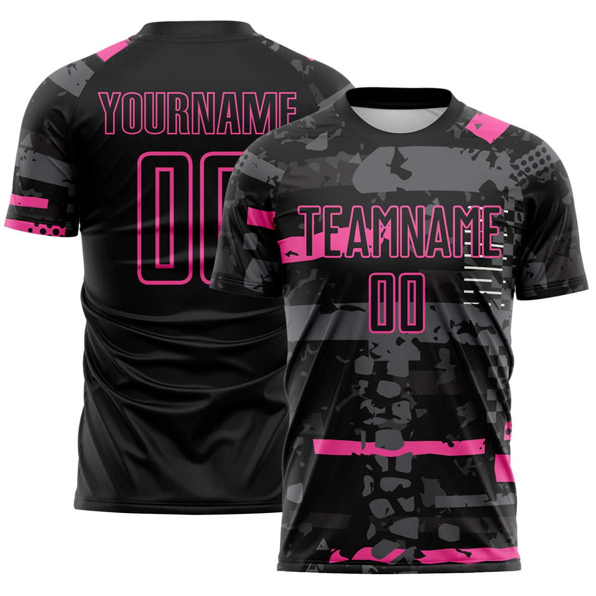 Custom Black Pink-Gray Abstract Geometric Stripe Fragment Sublimation Soccer Uniform Jersey