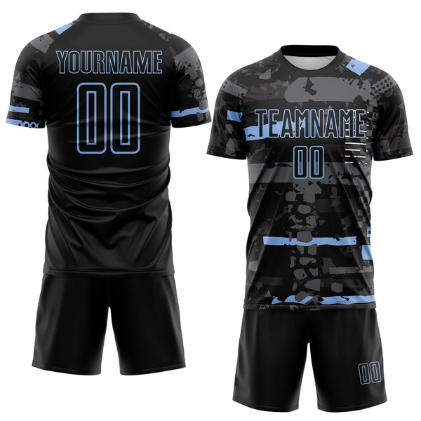 Custom Black Light Blue-Gray Abstract Geometric Stripe Fragment Sublimation Soccer Uniform Jersey alternate